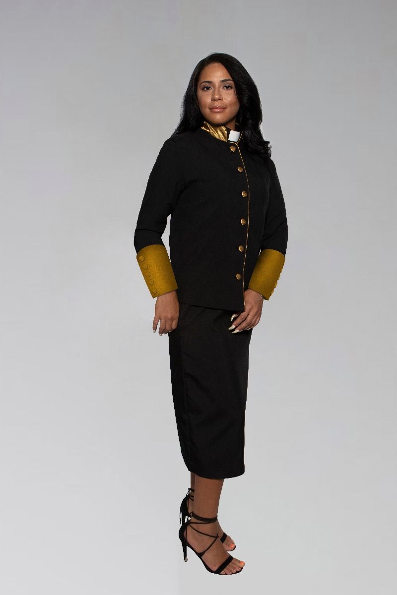 Ladies Clergy Suit in Black with Stately Satin Gold Cuffs