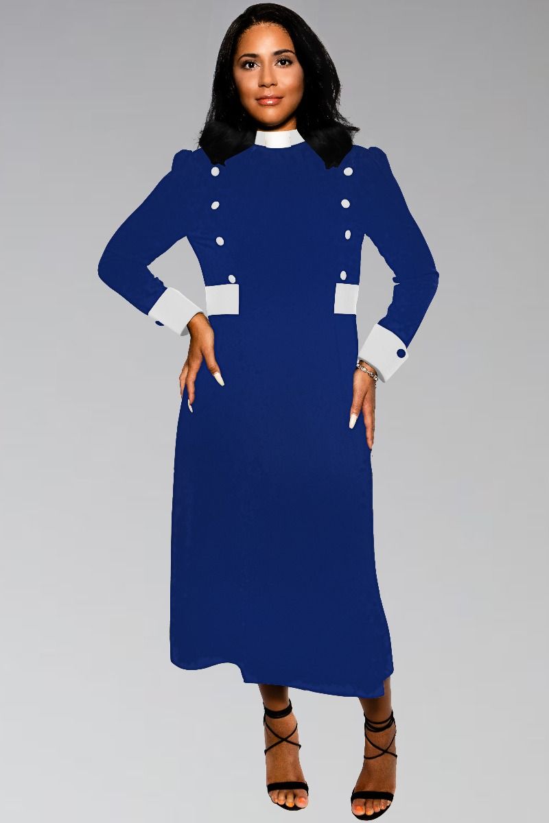 Modern Priest Clergy Dress for Women in Royal and White