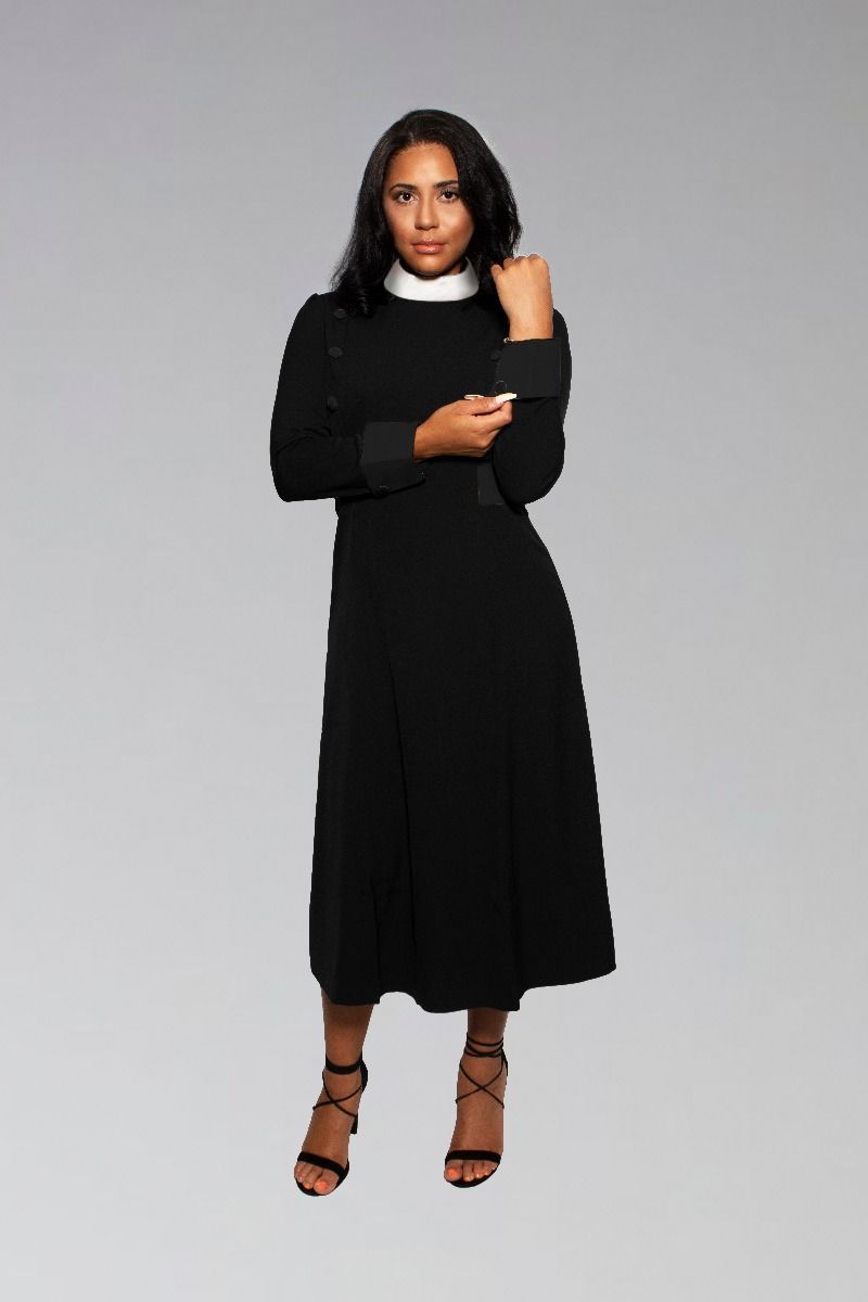 Women's FULL Collar Clergy Dress Black with Black Designer Buttons Full Collar