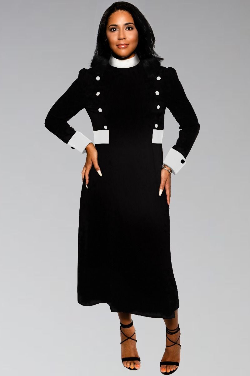 Women's FULL Collar Clergy Dress Black with White Designer Buttons Full Collar