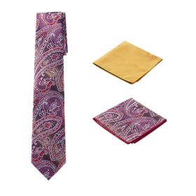 Men's Unique Printed Paisley Red Themed Necktie w/ 2 handkerchiefs  