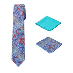 Men's Unique Blue Themed Paisley Necktie w/ 2 handkerchiefs  
