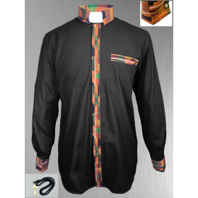 Black Clergy Shirt with Kente Cloth Fabric