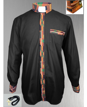 Black Clergy Shirt with Kente Cloth Fabric