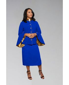 Ladies Pastor Clergy Suit in Royal Blue with Gold Flared Sleeves