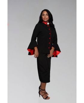 Women's Black and Red Clergy Preacher Suit with Open Sleeves and Tab Collar
