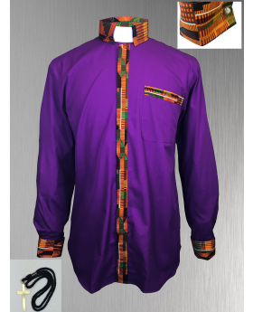 Purple Clergy Shirt with African Kente Cloth Fabric