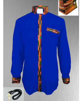 Royal Blue Clergy Shirt with Kente Cloth