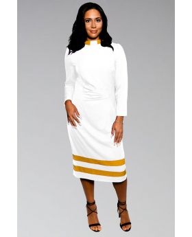 Ladies Clergy Dress White with Gold Contrast