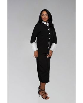 Women's Clergy Suit in Black with White Satin Cuffs