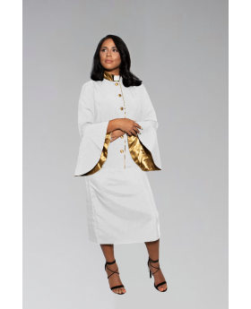 Ladies White and Gold Clergy Suit with flared sleeves